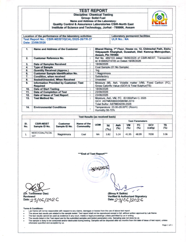 CSIR-NEIST Coal Analysis Test Report Certificate